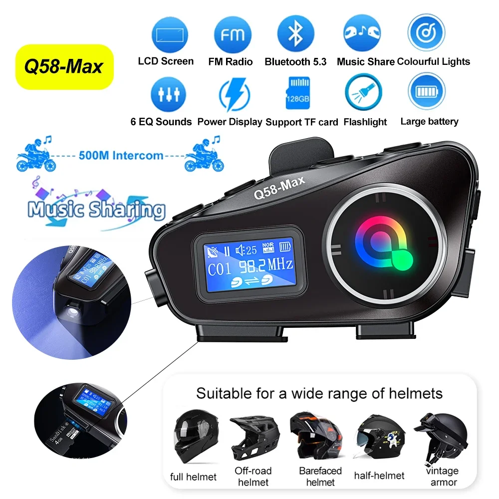 Universal Motorcycle Helmet Intercom Headset - Oreillette Bluetooth BT5.3 Q58 avec Lumière