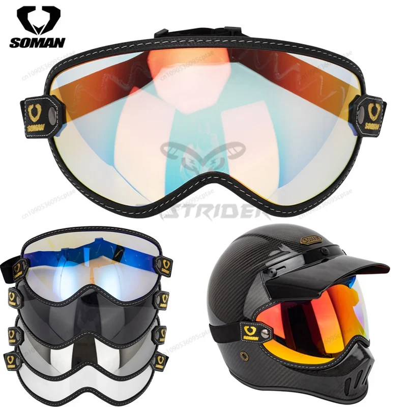 Vintage Open Face Retro Helmet - Lunettes de moto vintage SOMAN, casque